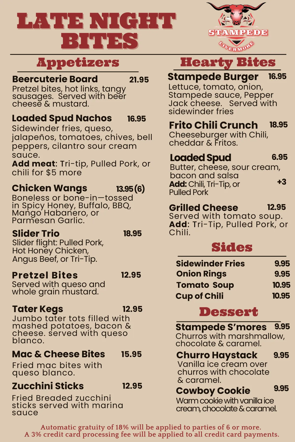 Late Night Bites Menu